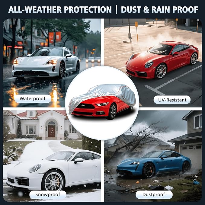 Car Cover Waterproof All Weather for Ford Mustang 1994-2025,All-Around Fastening and 4 Upgrades, 30s Quick-Install for Car Cover