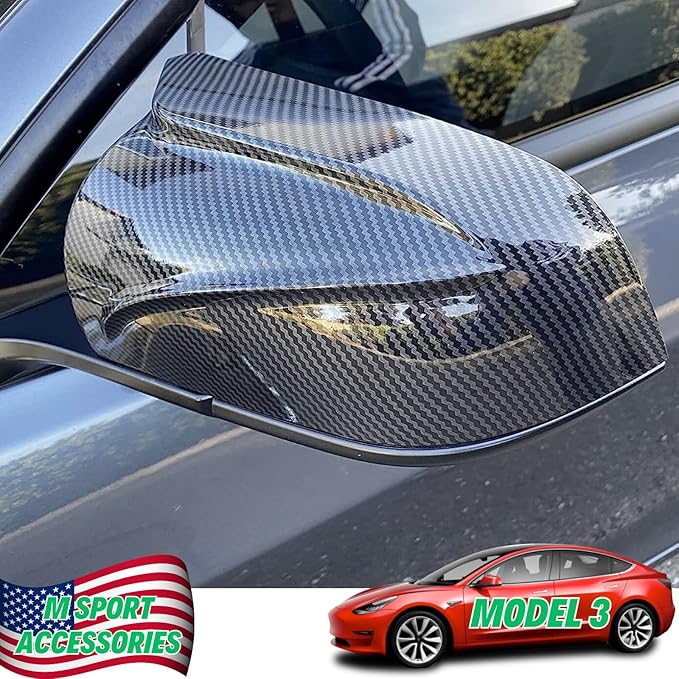 Car Side Mirror Cover for Tesla Model 3 Accessories 2018-2025 Passenger Driver Side View Exterior Mirror Caps Replacement Body Tuning Parts & Trim, Carbon Fiber Gloss - 1 Pair (Left-Right)
