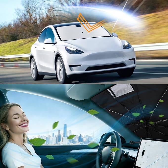 Windshield Sun Shade Umbrella Accessories Compatible with 2017-2026 Tesla Model Y Model 3 for Foldable Sunshade Sun Visor Blocks UV