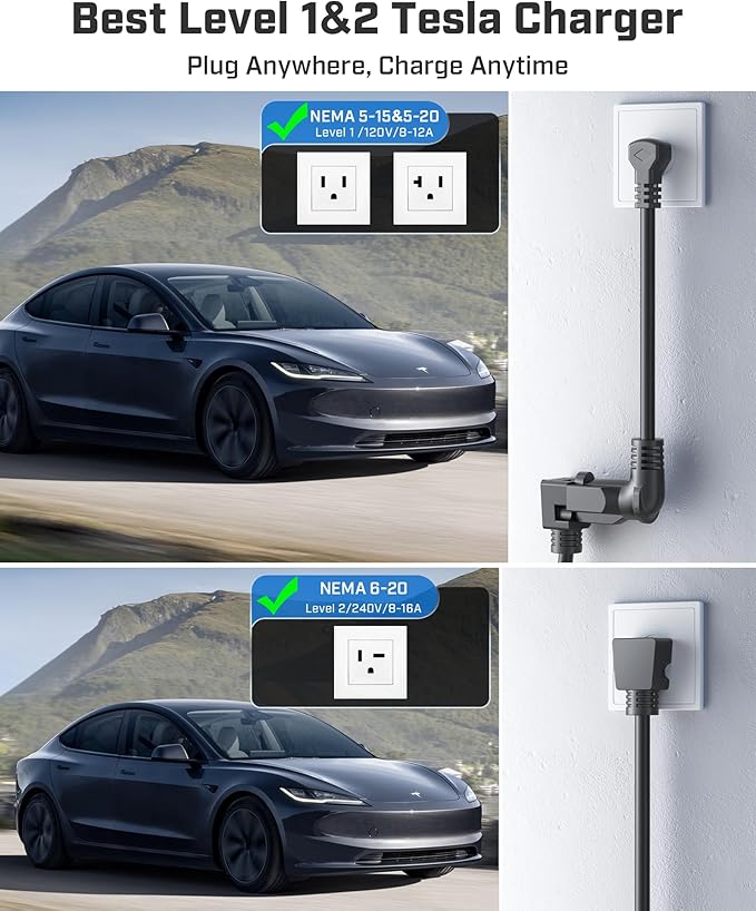 2026 Upgraded Level 1&2 Tesla Mobile Charger, 8-16Amp Adjustable Current & Timer, 110V–240V, NEMA 5-15 & 6-20 Plug, 21ft Tesla Charging Cable, Mobile Connector for Tesla Model Y/3/X/S/Cybertruck