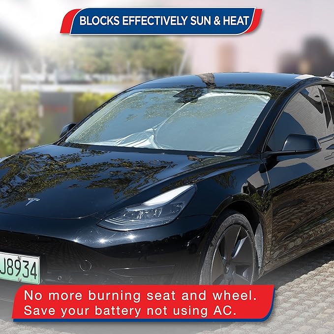 MAXORION Tesla Model 3 & Y Sunshade Windshield- Made from Genuine 2-Layer Material. in Addition to The Tesla Model 3 and Y Windshield Sun Shade, a Cleaning Cloth is Also Included in The Package.