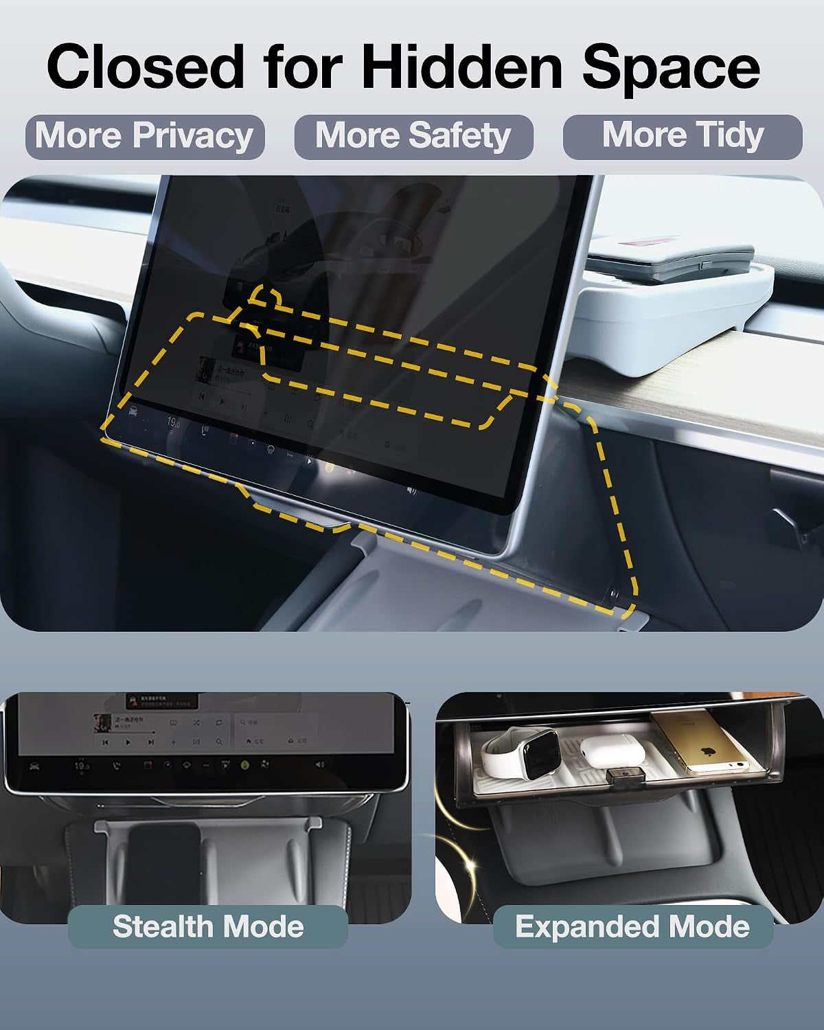 Hidden under Screen Storage for Tesla Model Y Model 3 2026-2016