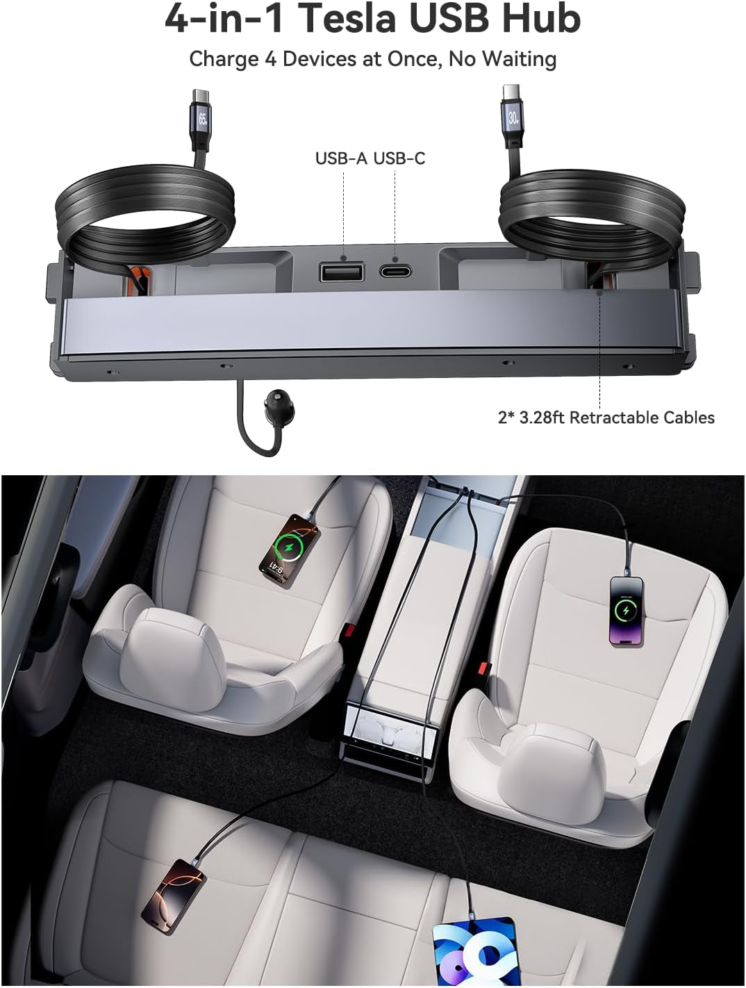4-In-1 Phone Charger USB Hub Center Console Docking Station for Tesla