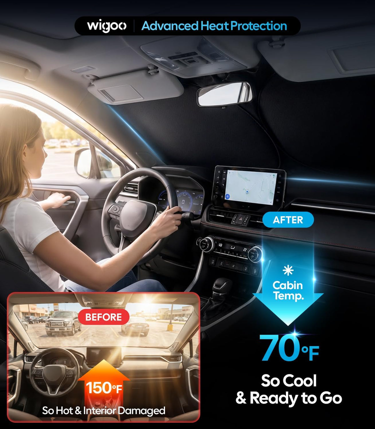 2026 Upgraded Universal Windshield Sun Shade for Cars, 100% Light Blocking 210D Oxford Sunshade, Foldable Heat Shield Keeps Interior Cool, Includes Storage Bag, XL (69" X 38")