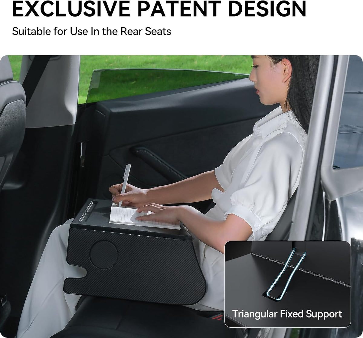 Foldable Desk Food Tray (Carbon Edition) for Tesla Model Y Model 3 S X Y Juniper Accessories- Upgraded Table with Support Leg for Dining, In-Car Work, Travel and Outdoor (1 Pack)