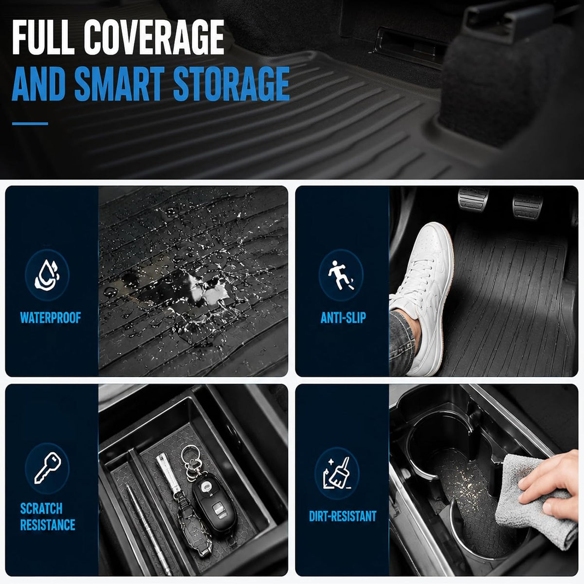 Tesla Model Y Juniper 2025-2026 13-Piece All-Weather Floor Mats & Double-Layer Center Console Organizer – Full Interior Protection & Smart Storage (Not for Standard)