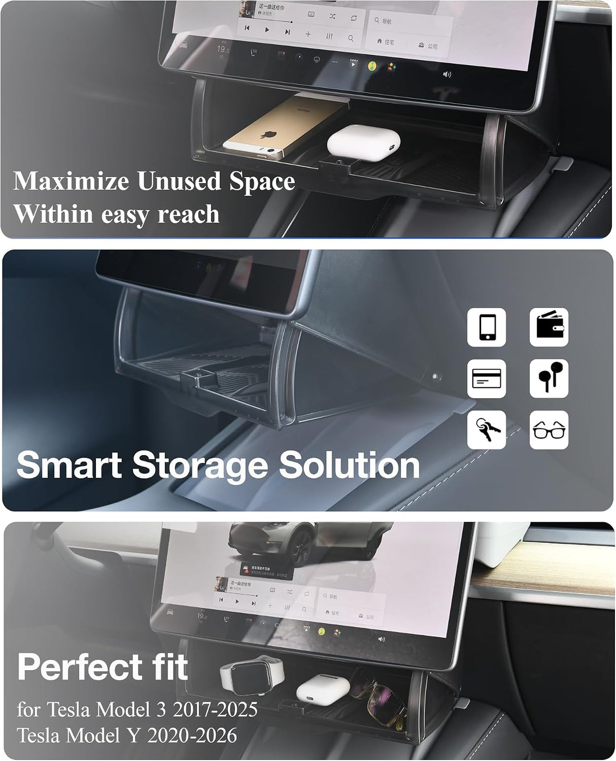 Hidden under Screen Storage for Tesla Model Y Model 3 2026-2016