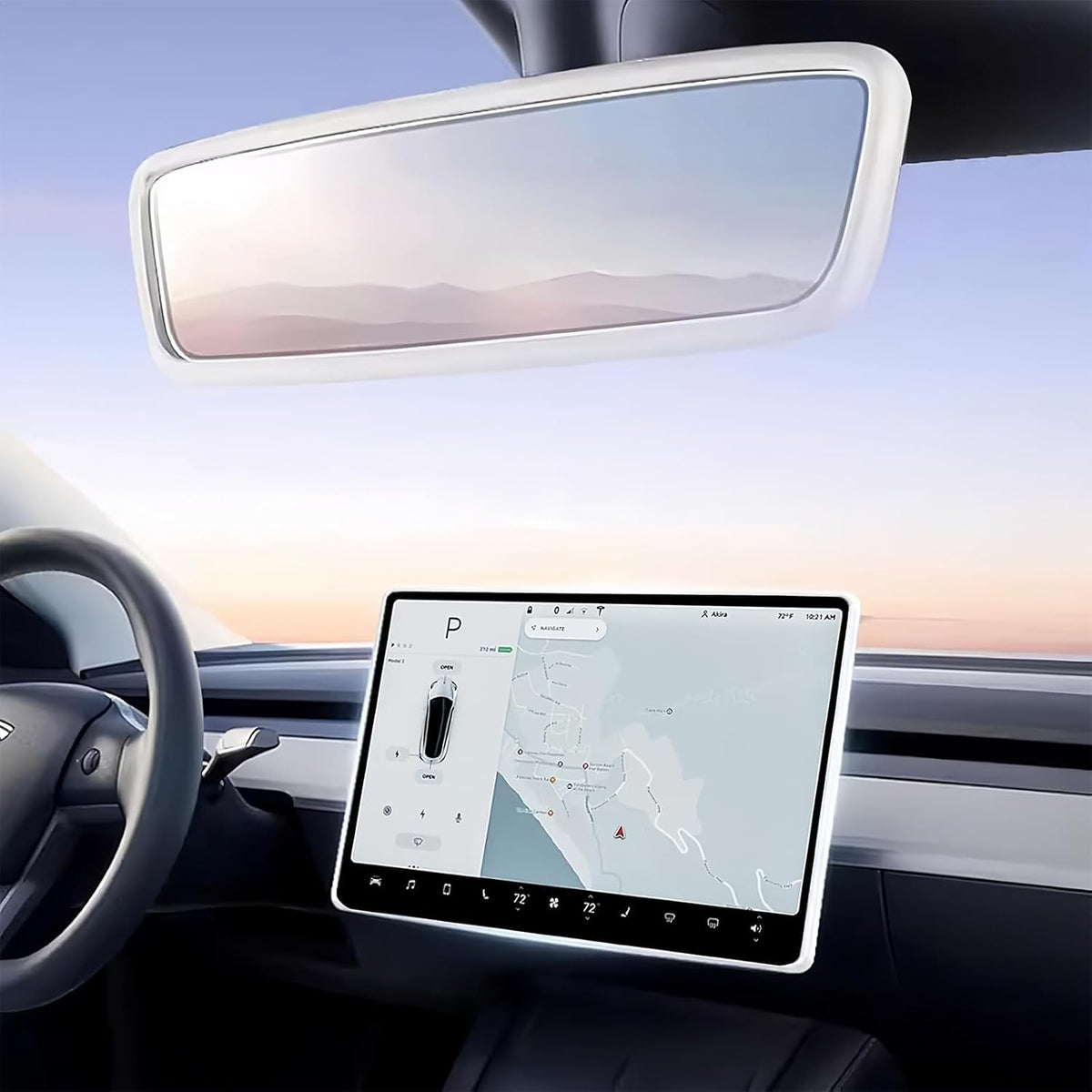 2PCS Protector Trim Frame Compatible with Tesla Model 3 Y 2020-2024 2026 Screen Edge Frame Rearview Mirror Cover Interior Silicone Decorations Center Console Decor Highland Juniper Accessories (White)