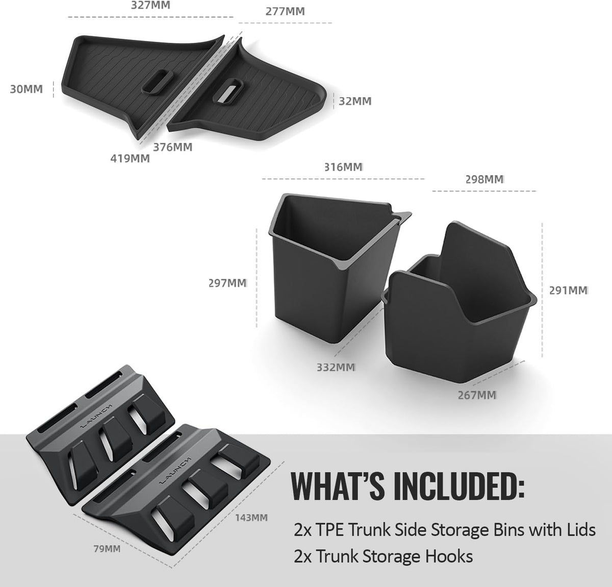 Tesla Model Y Juniper Trunk Organizer Set, 2 Trunk Storage Bins with TPE Lid + 2 Rear Trunk Organizer Hooks, Rear Trunk Side Storage Box for Model Y Juniper 2025 2026 Interior Accessories