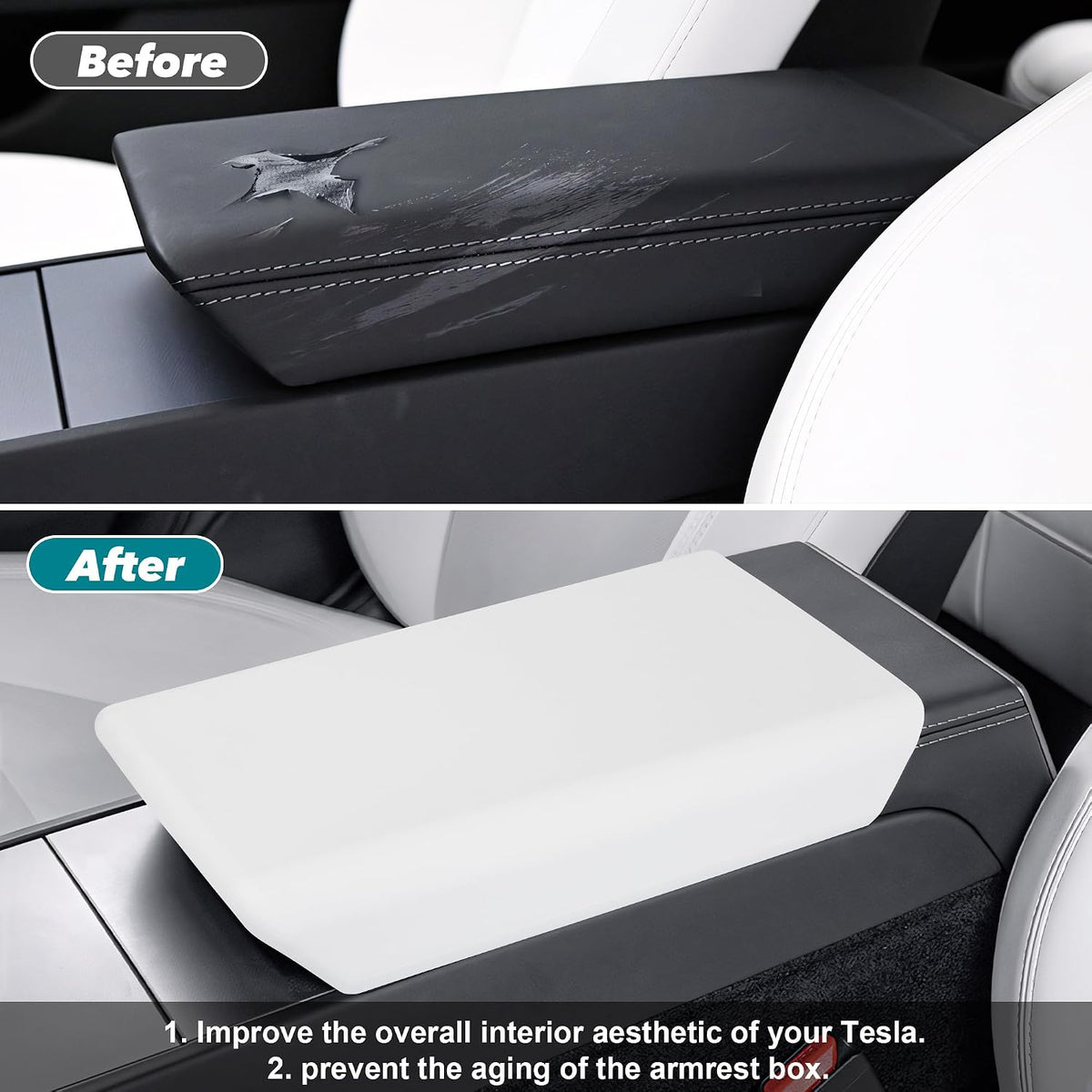 Center Console Armrest Cover Designed for Tesla Model 3 Highland 2024-2026 and Model Y Juniper 2026 Refresh,Non-Slip Designed with EZ Snap on Install-White