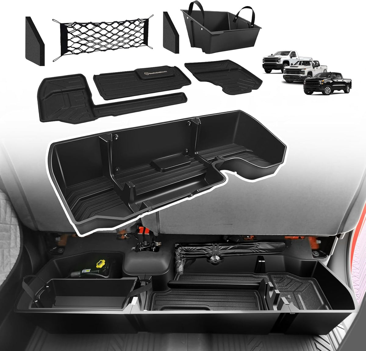 under Seat Storage Box Fit for 2019-2026 Chevy Silverado 1500/2500/3500HD (Not for Rear Kicker Subwoofer), Console Organizer Truck Tool Box Detachable Underseat Organizer W/Tpe Mats