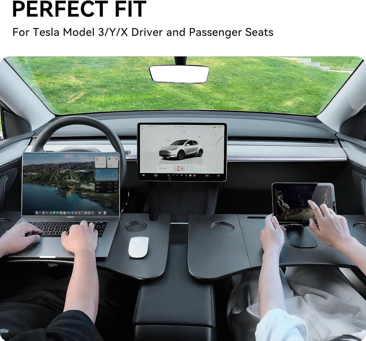 Foldable Desk Food Tray (Carbon Edition) for Tesla Model Y Model 3 S X Y Juniper Accessories- Upgraded Table with Support Leg for Dining, In-Car Work, Travel and Outdoor (1 Pack)