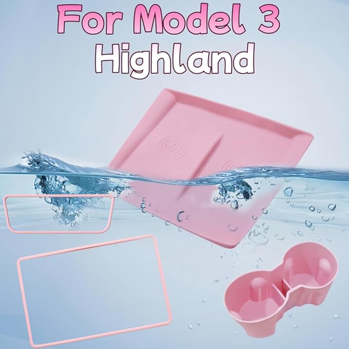 4 PCS Silicone Center Console Accessories Kit for Tesla, Including Center Console Mat, Cup Holder Insert, Screen Edge Protector Frame, and Mirror Frame Protectors (Pink Model 3 Highland)