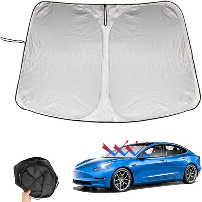ROCCS Windshield Sun Shade Compatible with Tesla Model 3/Model Y 2016-2026 - 210T Double Layer Blocking Fabric Foldable Heat Shield Sun Visor - Folding Sunshade with Elastic Rope and Storage Bag