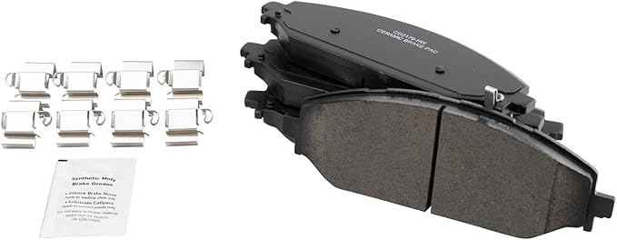 TRQ Front Ceramic Brake Pad Set Includes Contact Point Grease and Hardware Compatible with 2019-2023 Ram 1500 2022 Jeep Wagoneer 2022 Grand Wagoneer