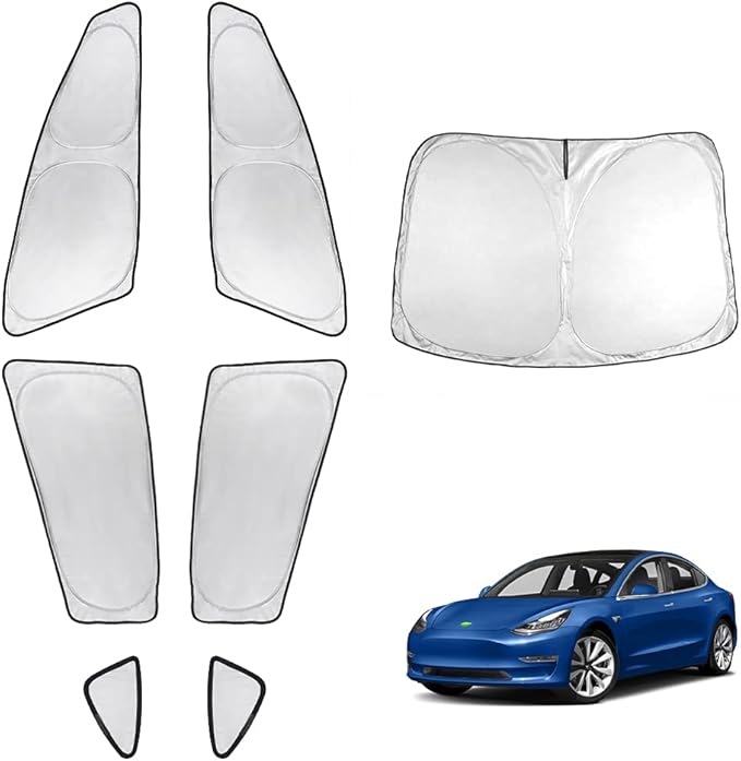 T TGBROS Windshield Sun Shade for Tesla Model 3 2018-2024 2025 Car Window Shades Thicken UV Block and Blackout Privacy Foldable Sunshades 7PCS Keep Cool Sun Visor Covers