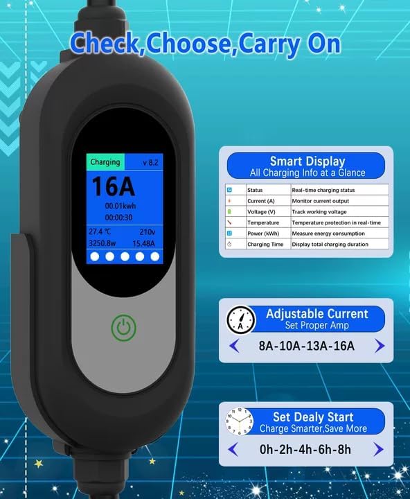 Level 1&2 EV Charger 8-16A Adjustable Current & Timer,110-240V,Nema 5-15 & 6-20 Plug,Electric Car Charger with 17ft Cable,Portable EV Chargers for All SAE J1772 Evs