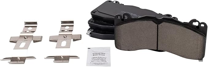 TRQ Front Ceramic Brake Pad Set Includes Contact Point Grease and Hardware Compatible with 21-22 Ford Mustang GT 6 Piston Brembo Calipers 21-22 Mustang Mach 1 6 Piston Brembo Calipers