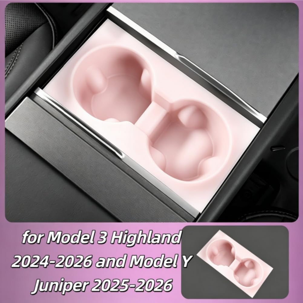 4PCS Silicone Interior Accessories for Tesla Model Y Juniper/Model 3 Highland Including Center Console Mat Cup Holder Insert Screen Edge Protector Frame Mirror Frame Protector (Pink)