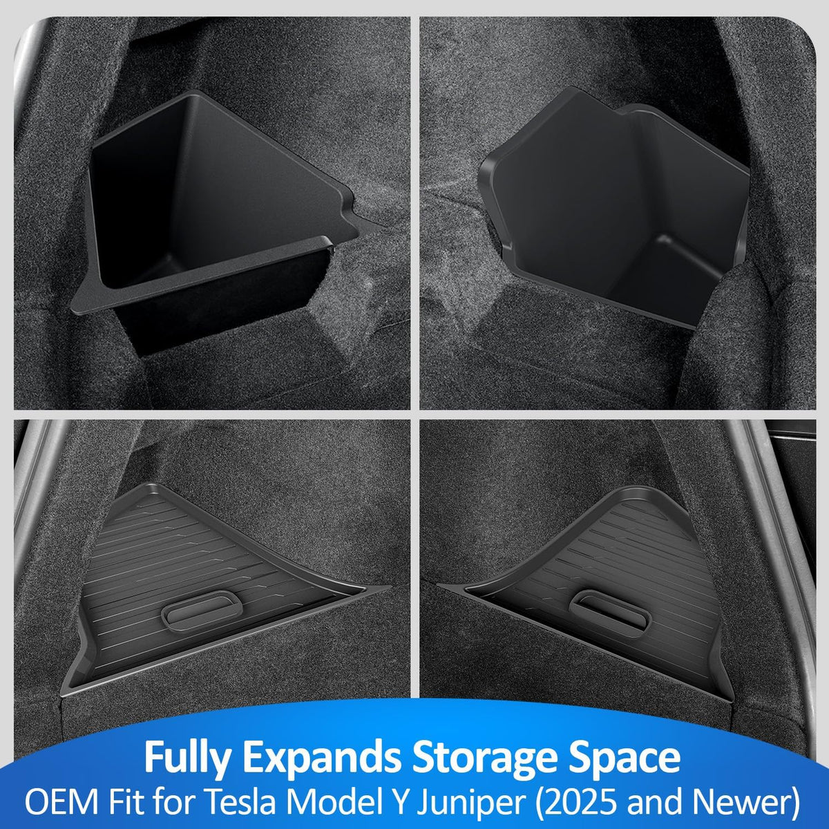 Tesla Model Y Juniper Trunk Organizer Set, 2 Trunk Storage Bins with TPE Lid + 2 Rear Trunk Organizer Hooks, Rear Trunk Side Storage Box for Model Y Juniper 2025 2026 Interior Accessories
