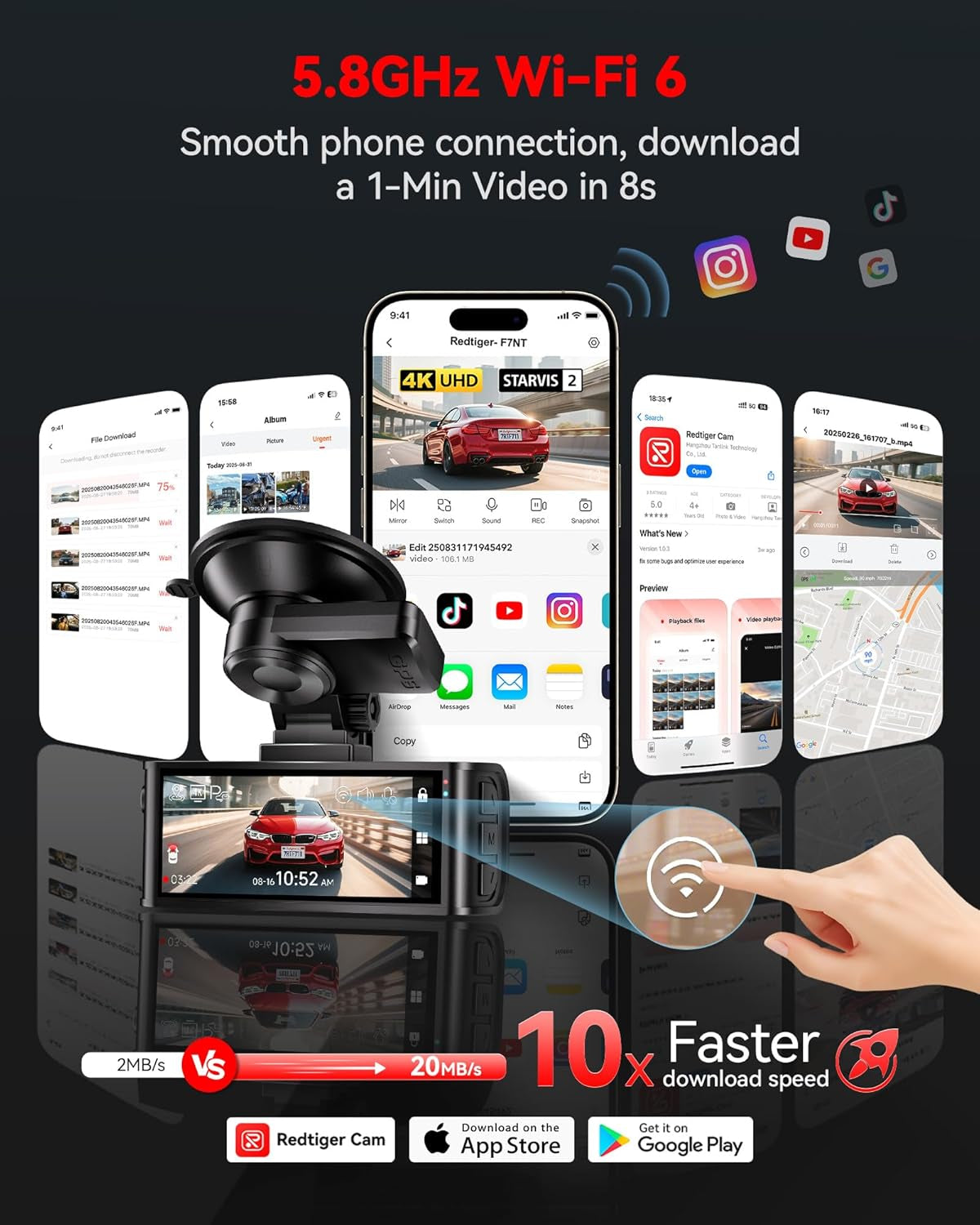 4K STARVIS 2 Dashcam Front Rear, 5Ghz Wifi 20Mb/S, Voice Control