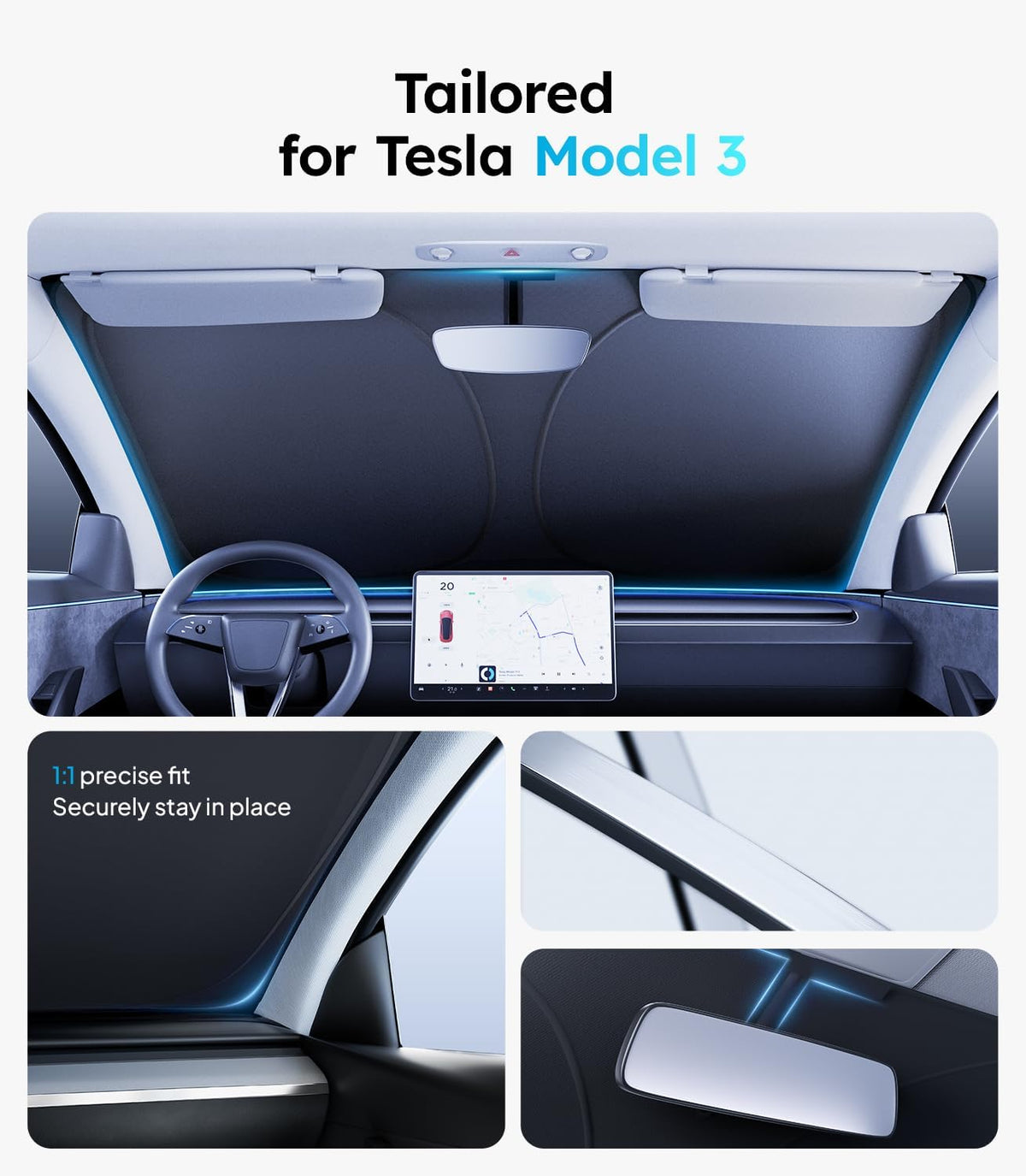 for Tesla Model 3 Windshield Sunshade, OEM Design, 100% Sun Block
