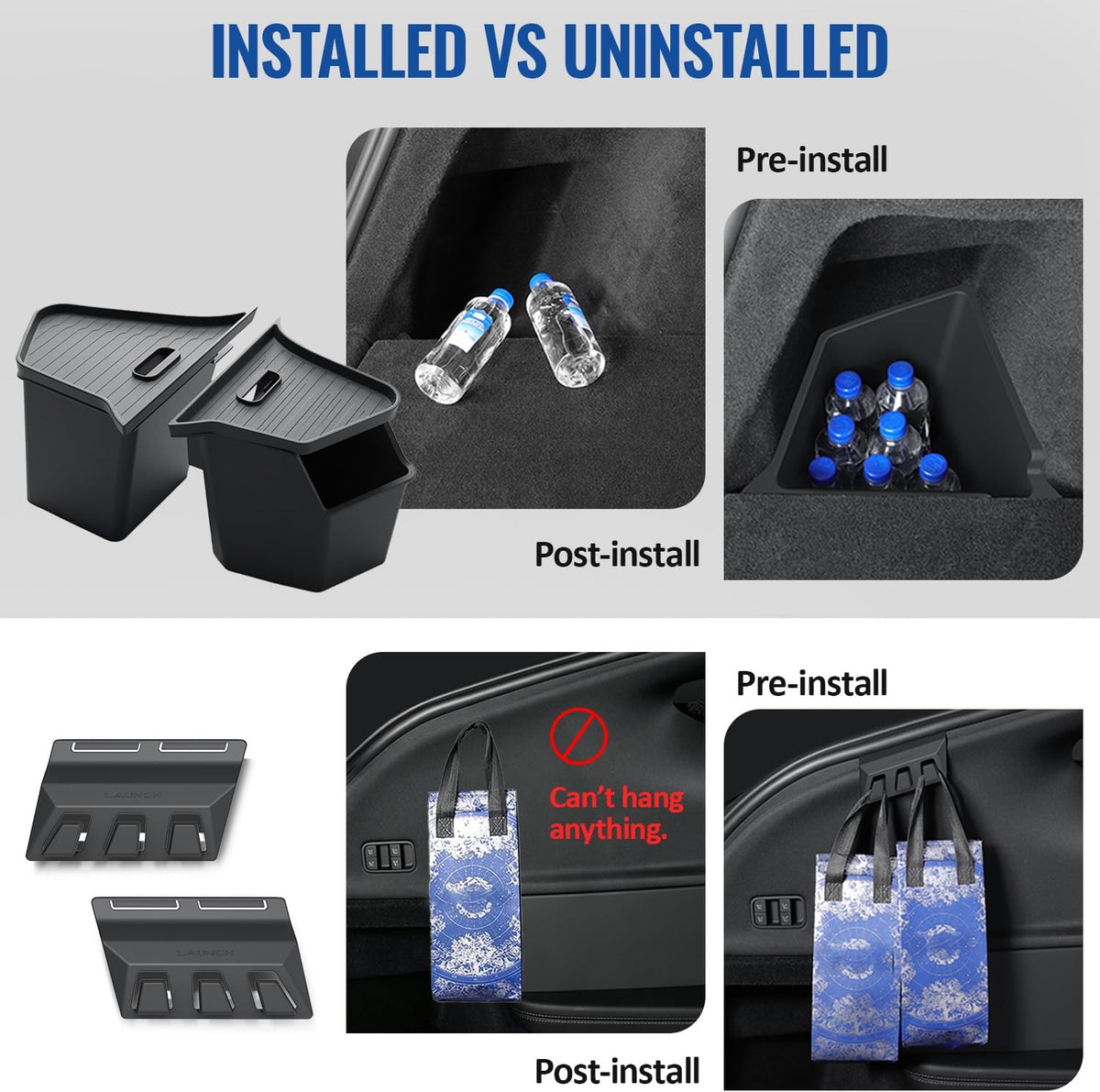 Tesla Model Y Juniper Trunk Organizer Set, 2 Trunk Storage Bins with TPE Lid + 2 Rear Trunk Organizer Hooks, Rear Trunk Side Storage Box for Model Y Juniper 2025 2026 Interior Accessories