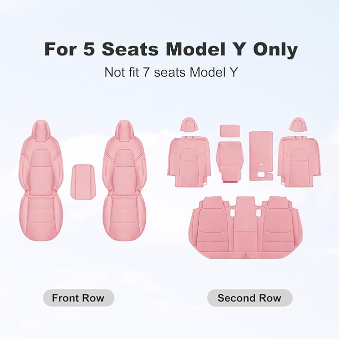 Tesla Model Y Car Seat Covers Nappa Leather Car Interior Seat Airbag Compatible Cushion Cover Full Set Custom Fit 2024 2023 2022 2021 2020, Nappa Pink