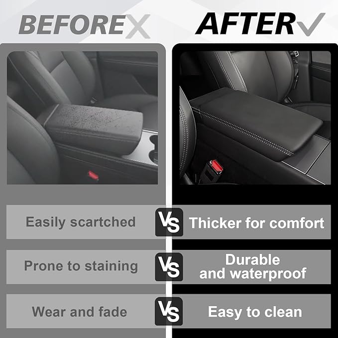 Muslogy Center Console Armrest Cover Fit for Tesla Model Y Juniper 2026+ / Model 3 Highland 2024+ Accessories, Comfort Armrest Pad Console Lid Cushion Vegan Leather Snap-On Black (Hard Cover)