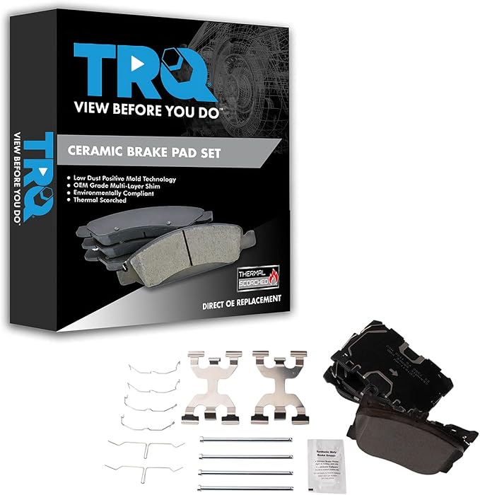 TRQ Front Ceramic Brake Pad Set Includes Contact Point Grease Hardware Compatible with 17-18 Mercedes Benz C43 AMG 2016 C450 AMG 16-18 GLC300 4Matic Sport Package 17-18 GLC43 AMG 17-18 E43 AMG