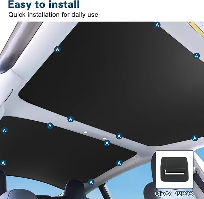 [2024 Upgrade] Sunshade Roof for Tesla Model 3 2024, Colorful Ice Crystal Glass Roof Sunshade, No-Sag Design, Retractable, Heat Insulation, Snap Foldable (Black)