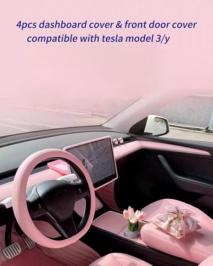 Pink Dashboard Cover and Front Door Cover Compatible with Tesla Model 3（2021-2023） and Model y（2019-2023 (Pink 9 Sets)