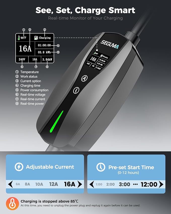 SEGUMA Level 1 & 2 Tesla Portable Charger, Adjustable 6A-16A, 120V-240V Dual Voltage EV Charger with NEMA 5-15 Plug & 6-20 Adapter, 25ft Extension Cable, NACS Charger with Native SAE J3400 (NACS) Port