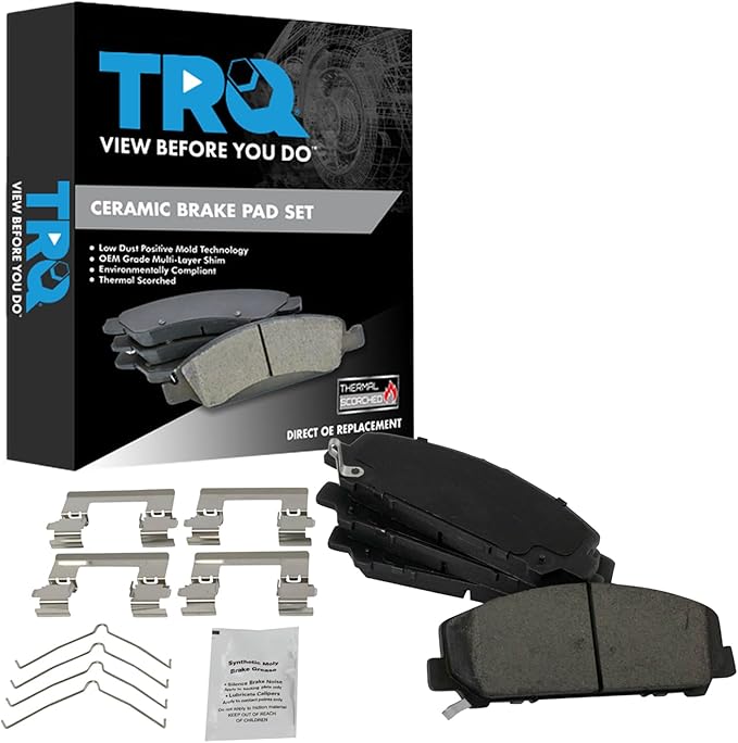 TRQ Front Brake Pads Ceramic Hardware Wear Sensor Compatible with 2011-2013 Infiniti QX56 2014-2024 QX80 2012-2024 Nissan Armada 2011-2024 Titan 2022-2024 Titan XD 2011-2012 Suzuki Equator