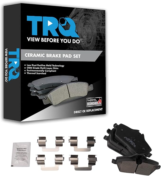 TRQ Front Ceramic Brake Pad Set Compatible with 18-23 Mini Cooper Base 17 Cooper Base without John Cooper Works Brake Package 15-16 Cooper Base with 280mm Diameter Front Rotors