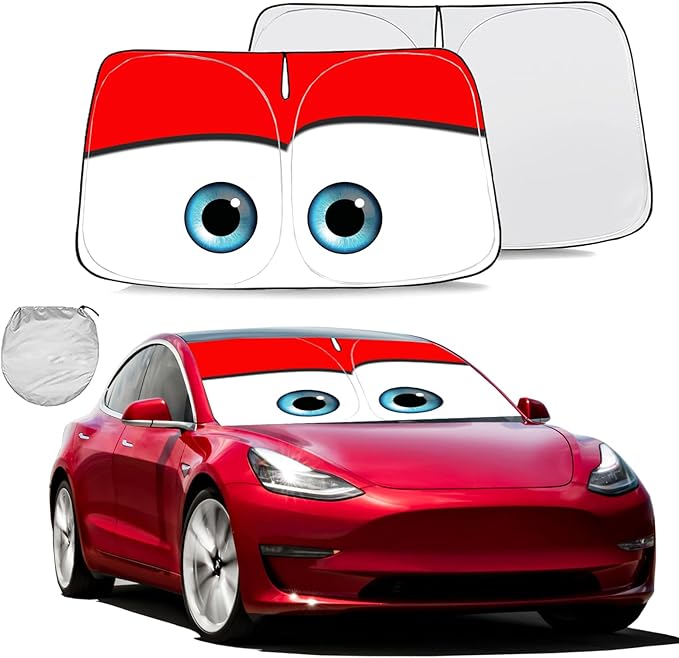 Gven Sunshade for Tesla Model Y Accessories 2025 Funny Eyes Windshield Sun Shade Car Front Window Shade for Tesla Model 3 Accesssories Dual-Sided Versatility (Red, for Tesla)