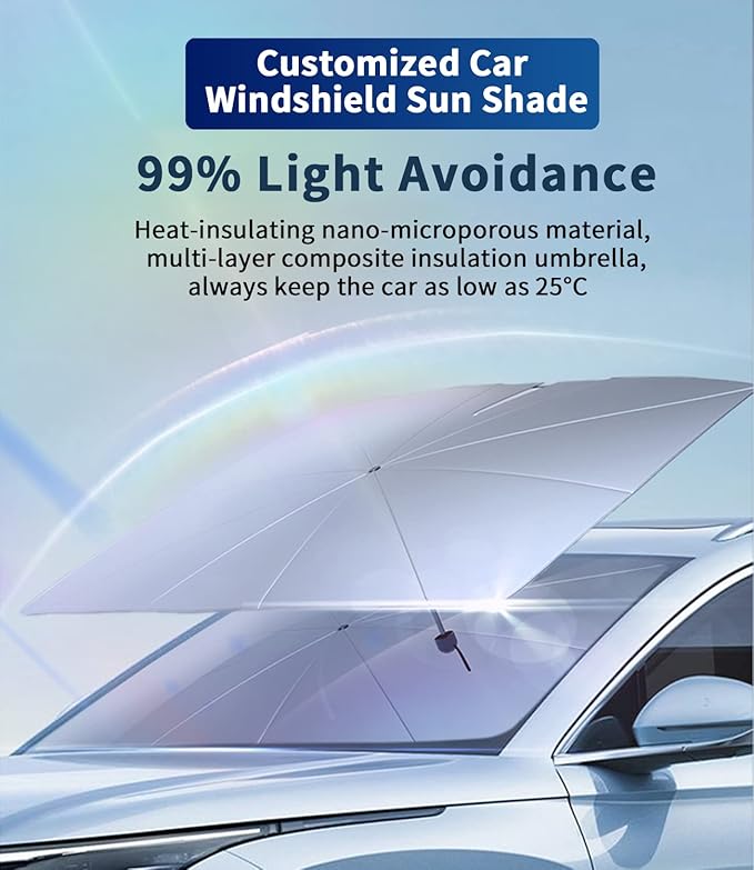 Custom-Fit for Tesla Windshield Sun Shade Umbrella, Foldable Car Umbrella Sunshade Cover UV Block Car Front Window with 360°Rotation Bendable Handle, Designed for Tesla Accessories (for Tesla Model X)