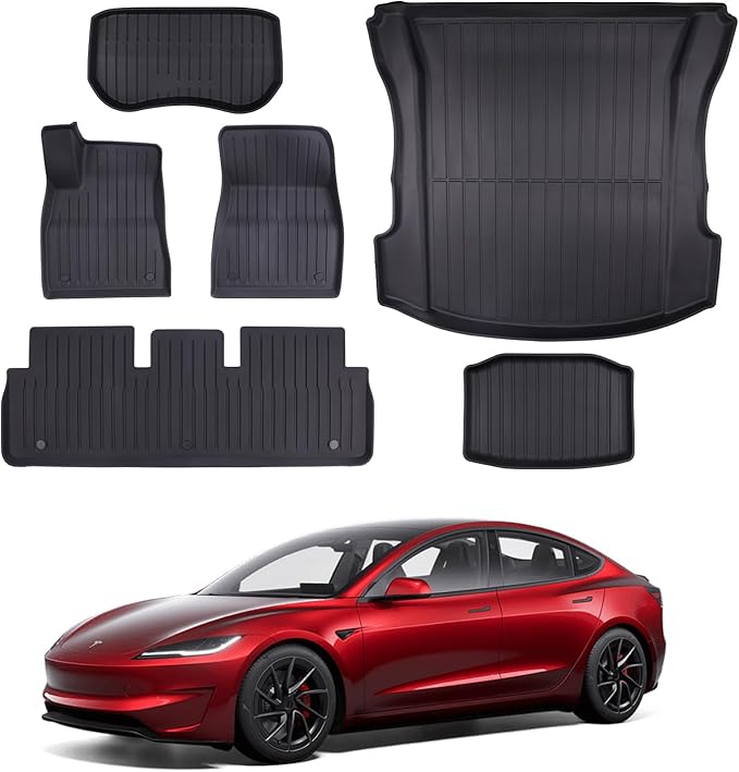 2025 New Version Floor Mats for Model 3 Highland - Full Set All Weather TPE Front, Rear, Cargo & Sub-Trunk Mats, 6-Piece Custom Fit
