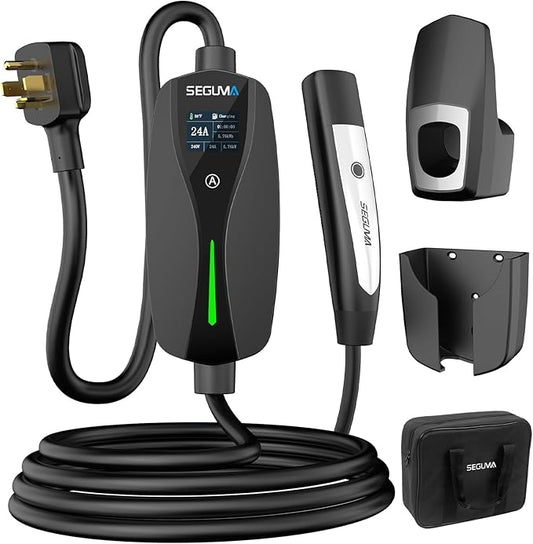 SEGUMA Level 2 Tesla Charger-24Amp 240V, NEMA 14-30 Plug, 25FT Extension Cable, Adjustable Current (10-24A)-Portable Home Mobile EV Charger for Model Y/X/3/S/Cybertruck, Fit 4-Prong Dryer Outlet