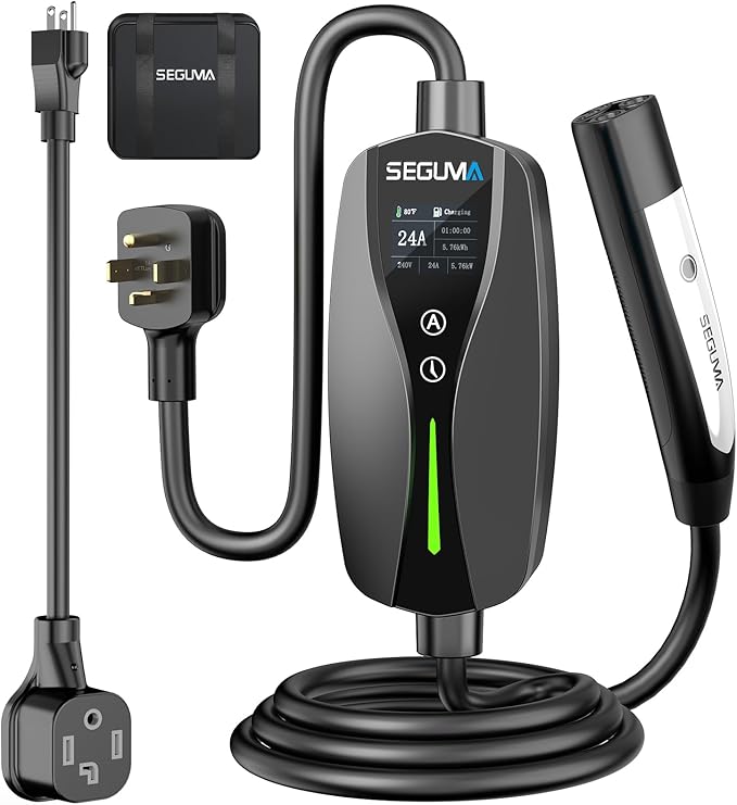 SEGUMA Level 1/2 Tesla Charger (10A-24A), 240V NEMA 14-30 Dryer Outlet Plug & 120V NEMA 5-15 Adapter, 25ft Cable, Portable Home Mobile Electric Car Charging Station NACS for Model Y/S/3/X/Cybertruck