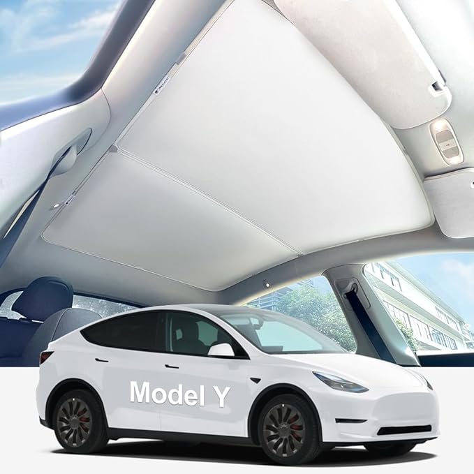 Tesla Model Y (2020-2025) Double-Layer Glass Sunshade Roof Red-Film Crystal Coatings,Easy Install with Clips, Foldable & Storage Bag UV Blocking Tesla Accessories Gray