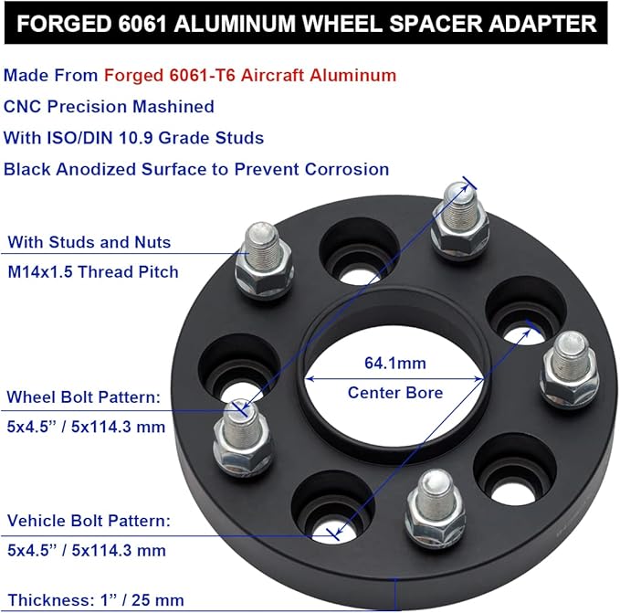 Black Forged 5x4.5 Hubcentric Wheel Spacers 25mm with 14x1.5 Studs 64.1mm Hub Bore Compatible with Tesla for 2017-2023 Model 3 | 2020 2021 2022 2023 Model Y - Pack of 2