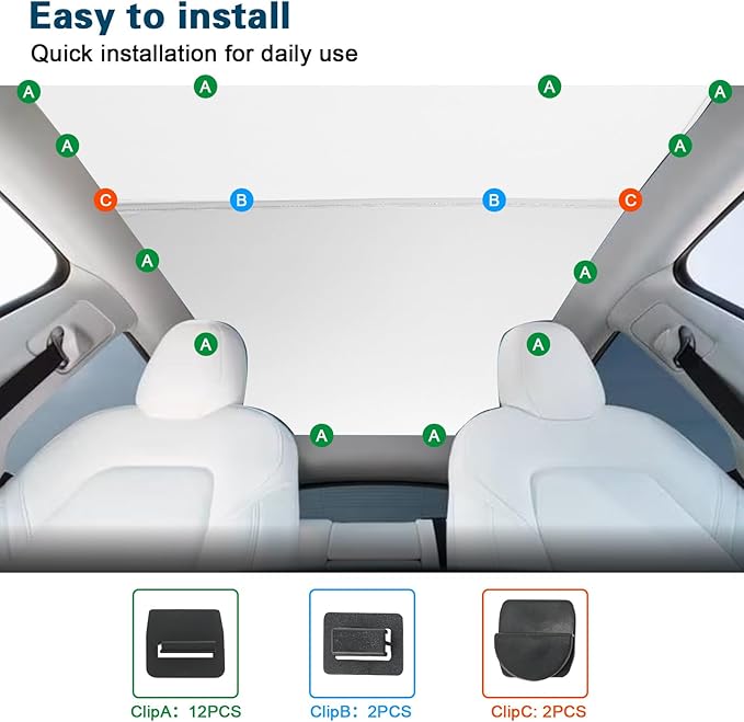 ROCCS Sunshade Roof for Tesla Model Y 2020-2024 Colorful Ice Crystal Glass Roof Sunshade Sunroof No-Sag Design Retractable Sunshade Heat Insulation Roof Window Sun Protection Snap Foldable (White)