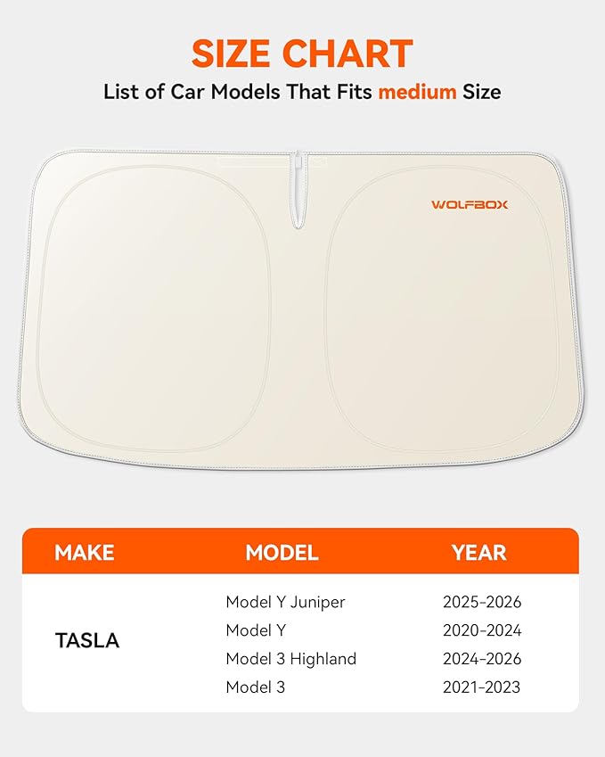 WOLFBOX Foldable Car Windshield Sun Shade Tesla Model Y/Model 3-Advanced Thickened Black Tape Sunshade Cover, Maximum UV Block & Sun Heat Protector Model Y Juniper/Model 3 Highland (56.30''L*37''W)