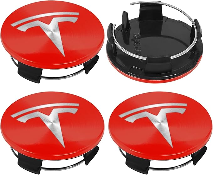 4 Pack Exterior Decoration Wheel Center Cover for Tesla Model 3 Model Y,56mm Hubcaps Wheel Rim Cover Tesla Center Caps Hubcaps+20 Black Lug Nut Covers (Red+Silver Emblem)