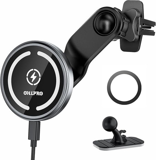 OHLPRO Compatible with MagSafe Car Mount for iPhone 16, Magnetic Wireless Car Charger with Extended Arm, Never Block Vents for iPhone 15/14/13/12 Serie, 15W Fast Charging Mag Safe Phone Holder, Grey