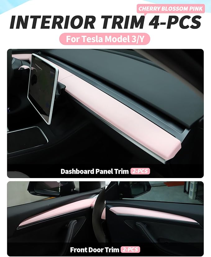 KKTR-CAR Dashboard Cover Wrap and Front Door Inner Armrest Panel Cover Trim Compatible with Tesla Model 3 2021-2023 Model y 2020-2025,NOT for Performance (Pink, 4pcs)