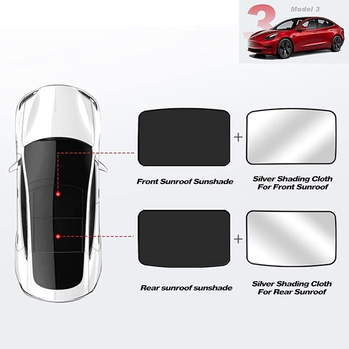 Sunshade for Tesla Model 3 (2024) - Sunshade Roof Window Insulation UV Rays Protection Front and Rear Top Windows Sun Shade Skylight Reflective Covers (Black)