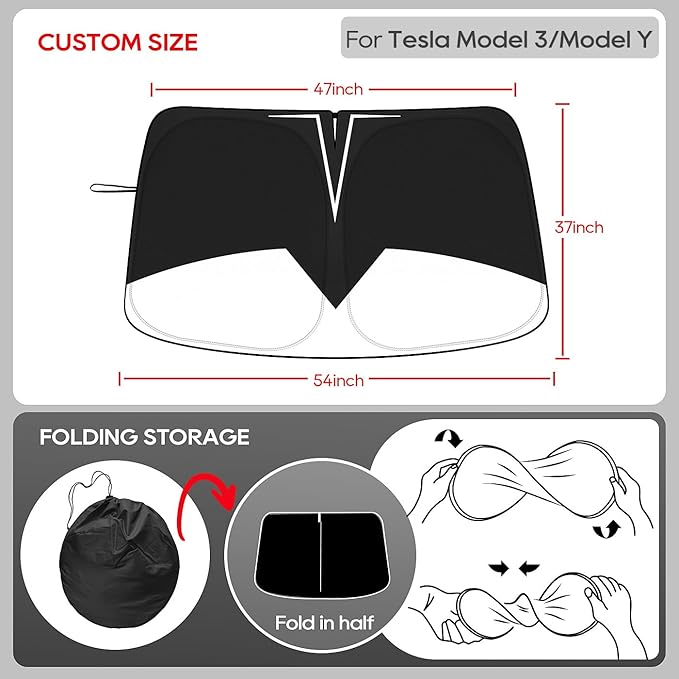 Black Windshield Sunshade for Tesla Model 3 & Model Y, Full-Size Front Sun Visor Blocks UV & Heat, Quick-Fold Car Sun Shade with Storage Bag, Interior Protector Accessories(BW-Model 3-Y)