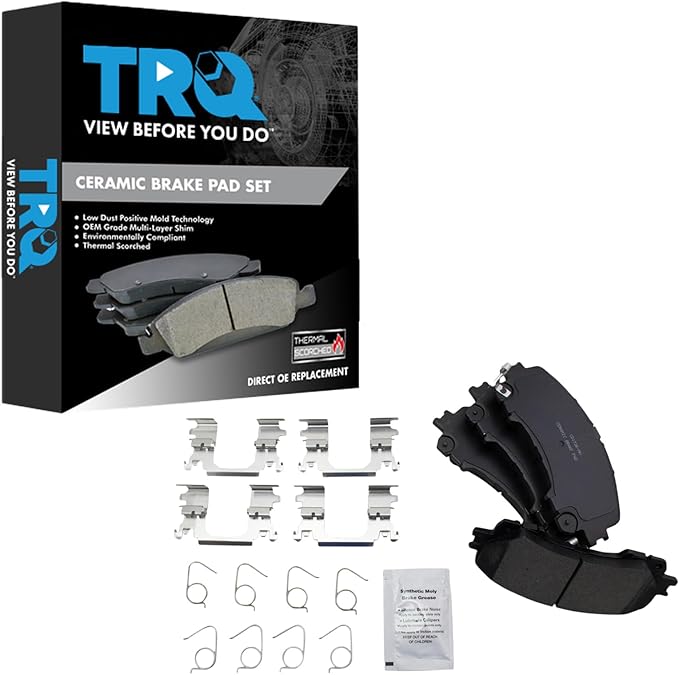 TRQ Front Brake Pads Ceramic Hardware Wear Sensor Compatible with 2014-2024 Infiniti Q50 2017-2022 Q60 2016-2022 QX50 2022-2024 QX55 2014-2019 Nissan Rogue